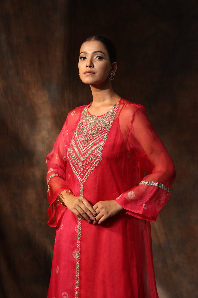 Pink Organza Print Bandhani Round Neck A-Line Kurta Pant Set