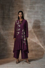 Purple Chanderi Hand Painted Floral Mandarin Collar Jacket Plazzo Set