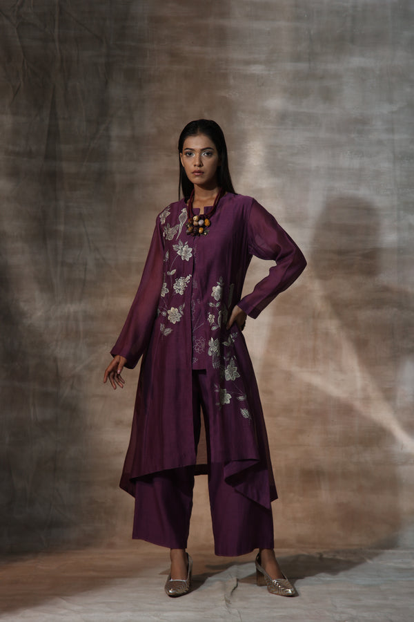 Purple Chanderi Hand Painted Floral Mandarian Collar Jacket Plazzo Set