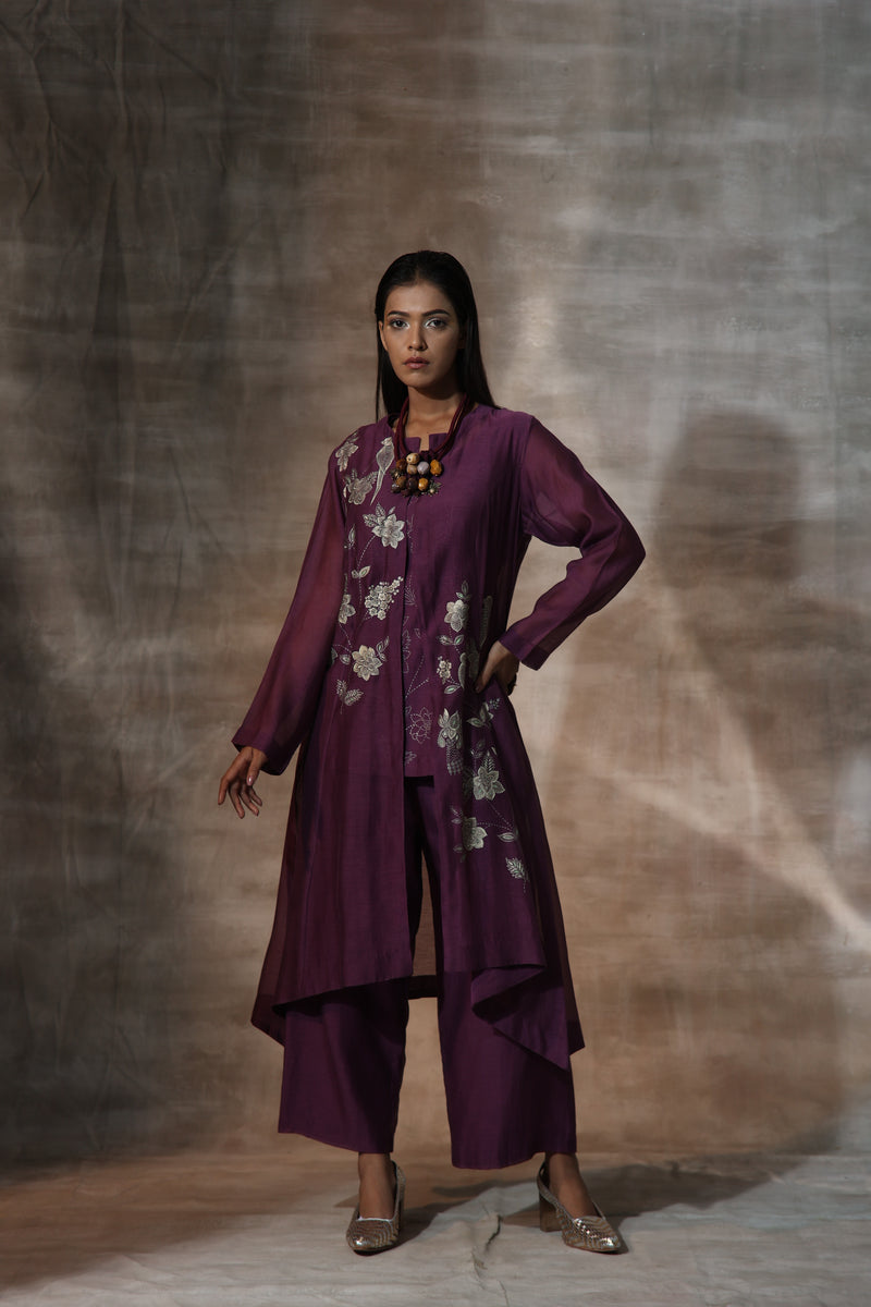 Purple Chanderi Hand Painted Floral Mandarian Collar Jacket Plazzo Set