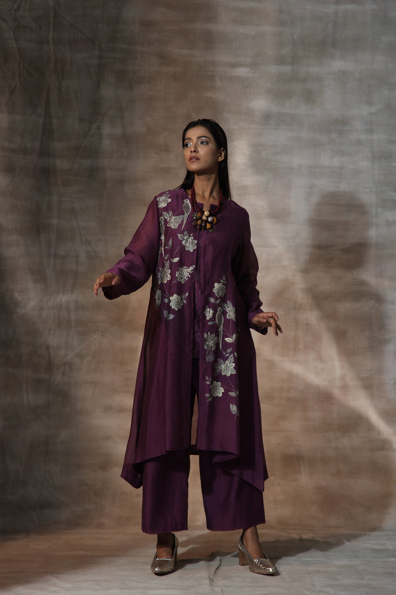 Purple Chanderi Hand Painted Floral Mandarian Collar Jacket Plazzo Set