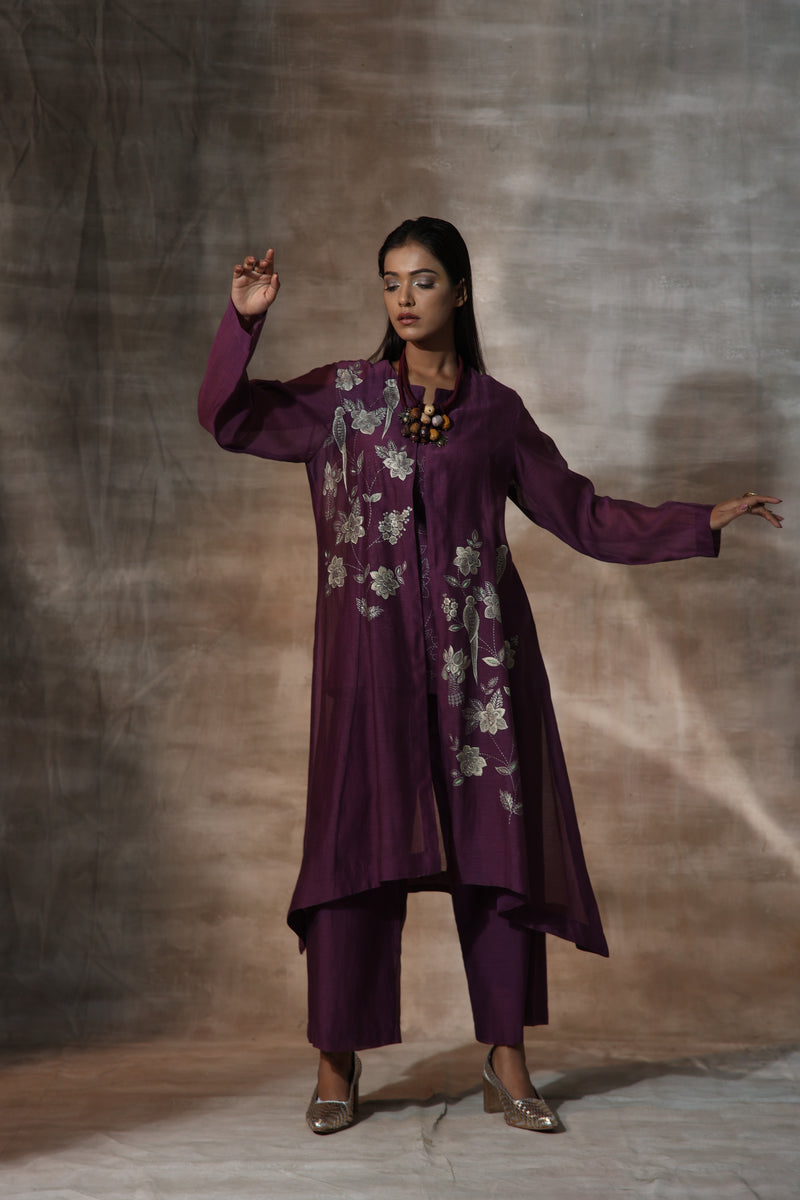 Purple Chanderi Hand Painted Floral Mandarin Collar Jacket Plazzo Set