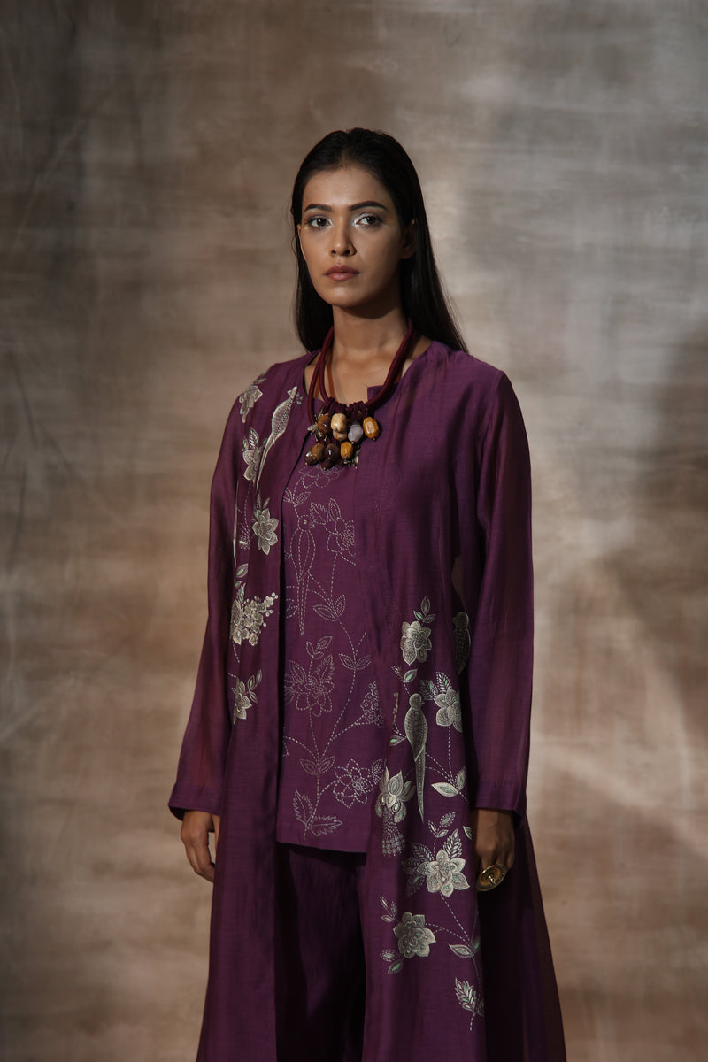 Purple Chanderi Hand Painted Floral Mandarian Collar Jacket Plazzo Set