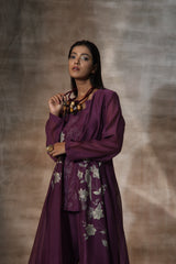 Purple Chanderi Hand Painted Floral Mandarin Collar Jacket Plazzo Set