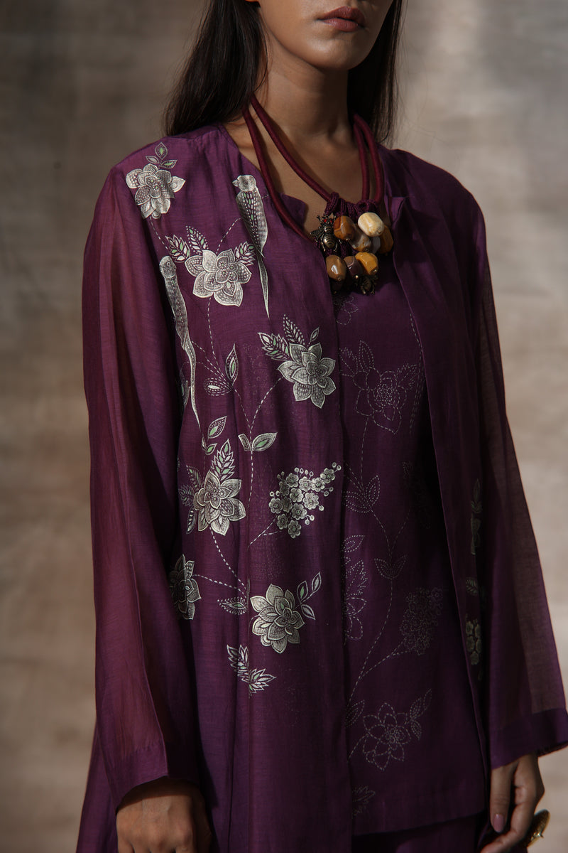 Purple Chanderi Hand Painted Floral Mandarin Collar Jacket Plazzo Set