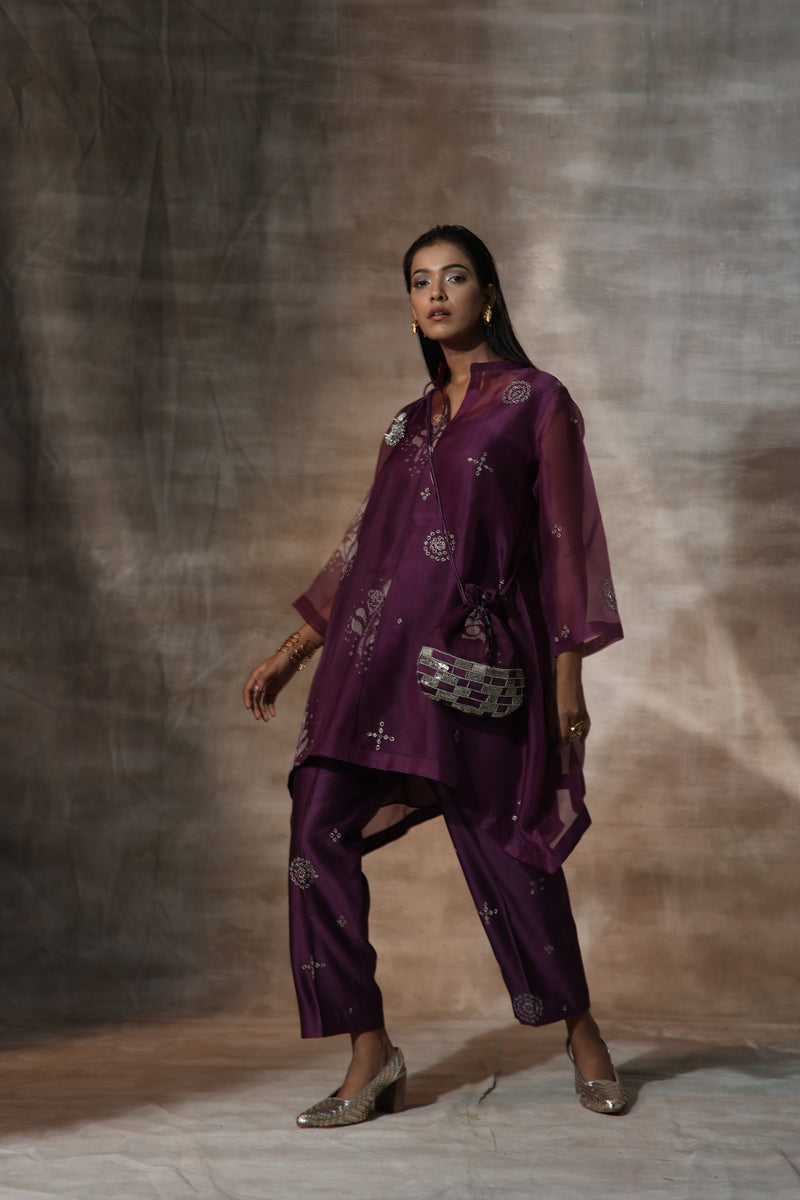 Purple Organza Print Bandhani Collared Neck Motif Work Kurta With Pants