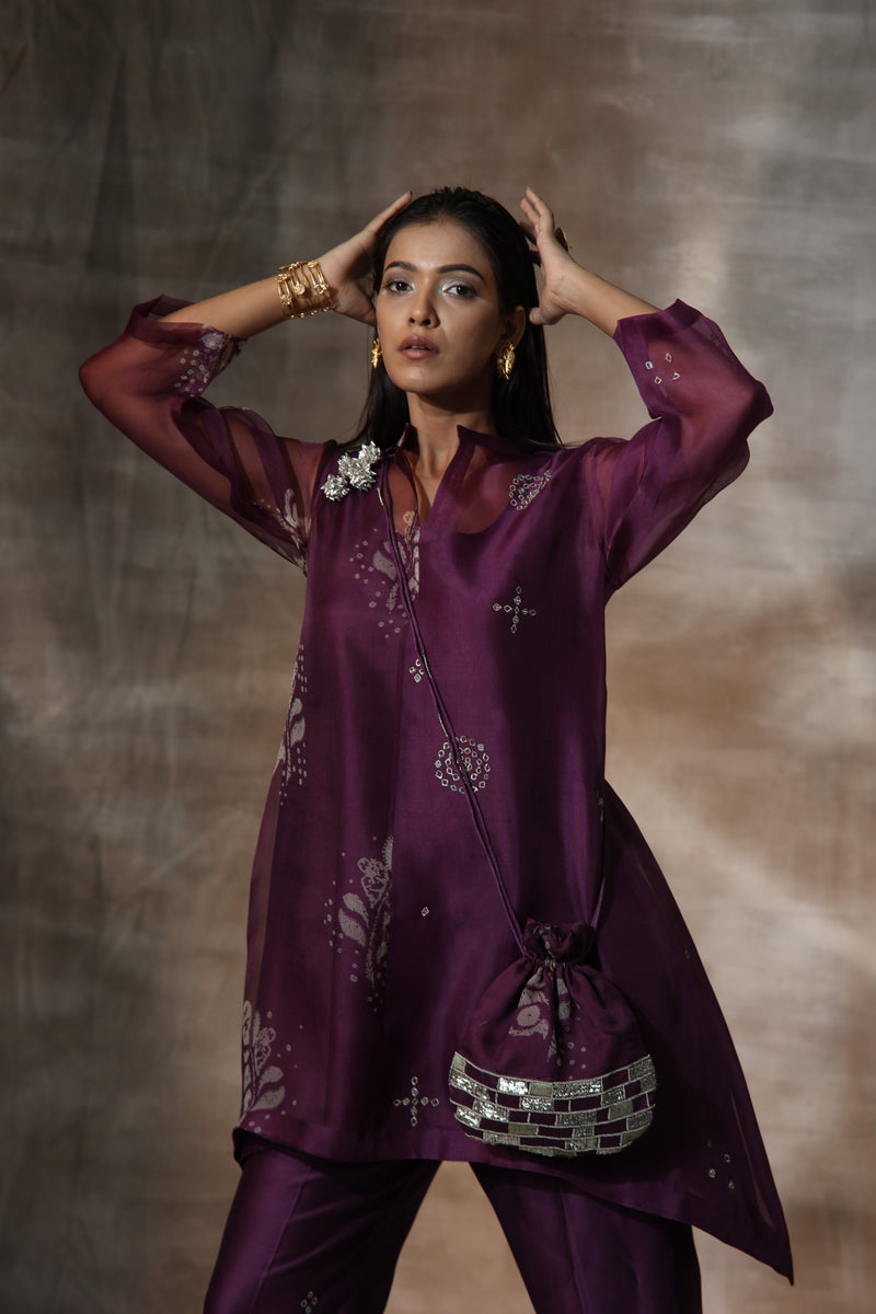 Purple Organza Print Bandhani Collared Neck Motif Work Kurta With Pants