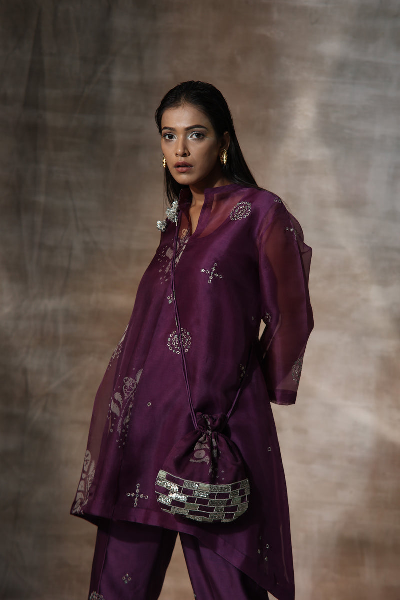 Purple Organza Print Bandhani Collared Neck Motif Work Kurta And Pants