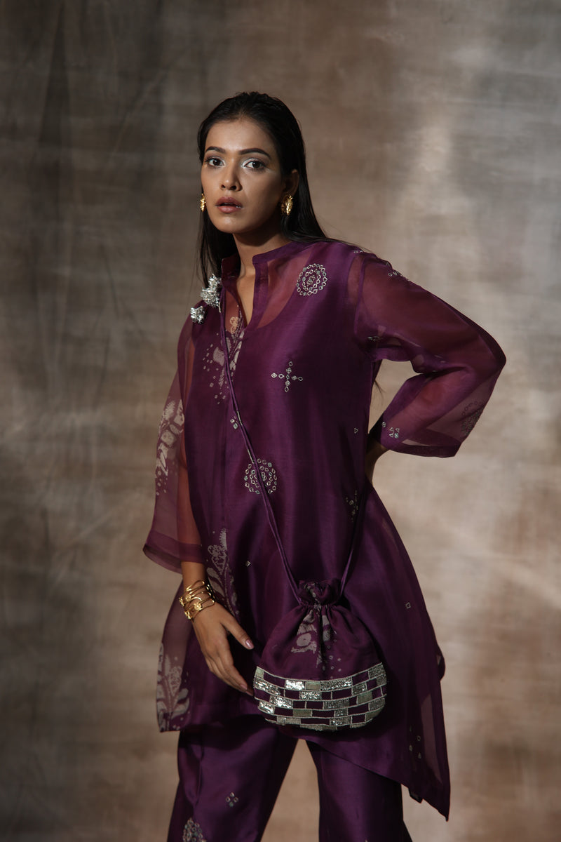 Purple Organza Print Bandhani Collared Neck Motif Work Kurta And Pants