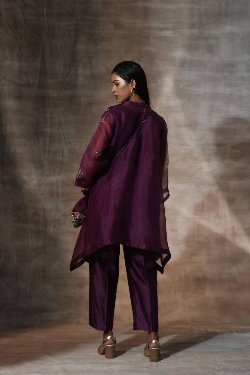 Purple Organza Print Bandhani Collared Neck Motif Work Kurta And Pants