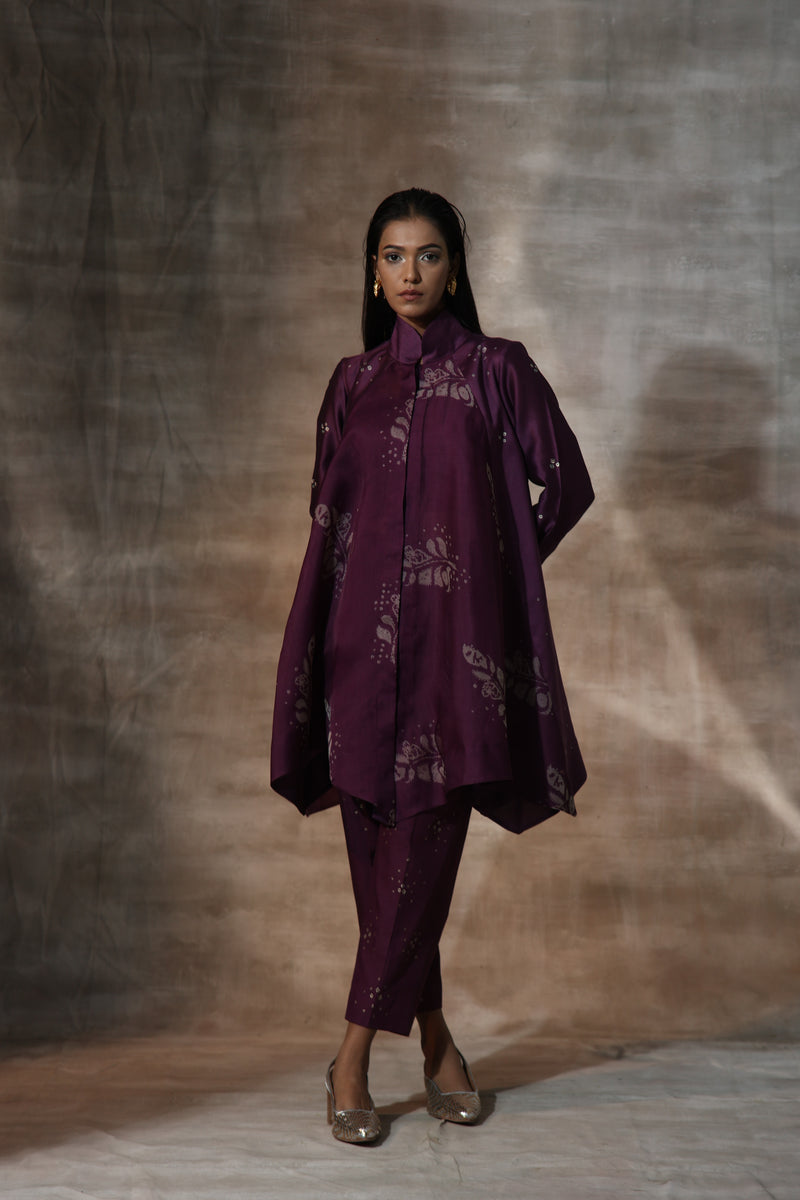 Purple Organza Print Leaf Collared Neck Panelled Top & Pants