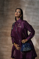 Purple Organza Print Leaf Collared Neck Panelled Top With Top