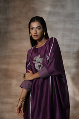 Purple Chanderi Hand Painted Floral Round Neck Kaftan Set