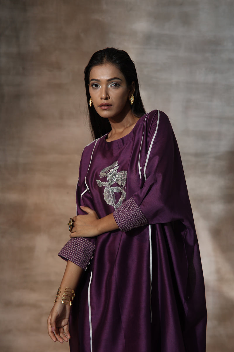 Purple Chanderi Hand Painted Floral Round Neck Kaftan Set