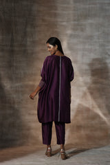 Purple Chanderi Hand Painted Floral Round Neck Kaftan Set