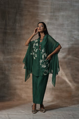 Green Chanderi Embroidery Floral V Neck Hand Kaftan Set