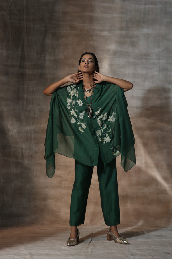 Green Chanderi Embroidery Floral V Neck Hand Kaftan Set