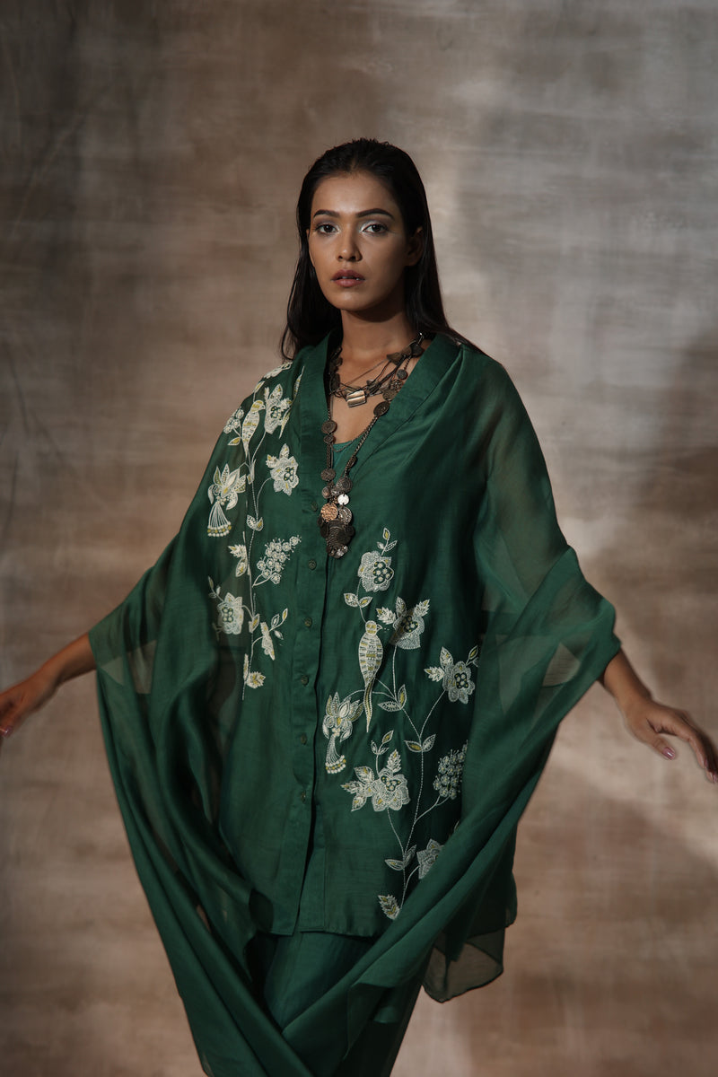 Green Chanderi Embroidery Floral V Neck Hand Kaftan Set