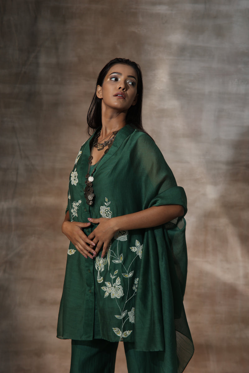 Green Chanderi Embroidery Floral V Neck Hand Kaftan Set