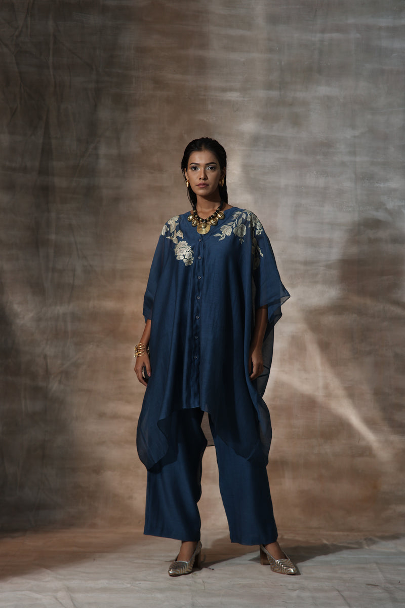 Blue Chanderi Placement Hand Paint Floral Pattern Kaftan Set