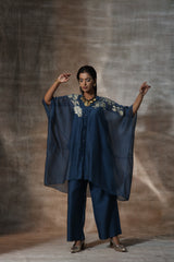 Blue Chanderi Hand Painted Floral V neck Kaftan With Plazzo