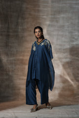 Blue Chanderi Placement Hand Painted Floral Pattern Kaftan And Plazzo Set