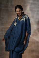 Blue Chanderi Placement Hand Paint Floral Pattern Kaftan Set