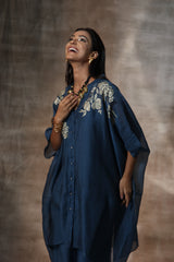 Blue Chanderi Placement Hand Paint Floral Pattern Kaftan Set