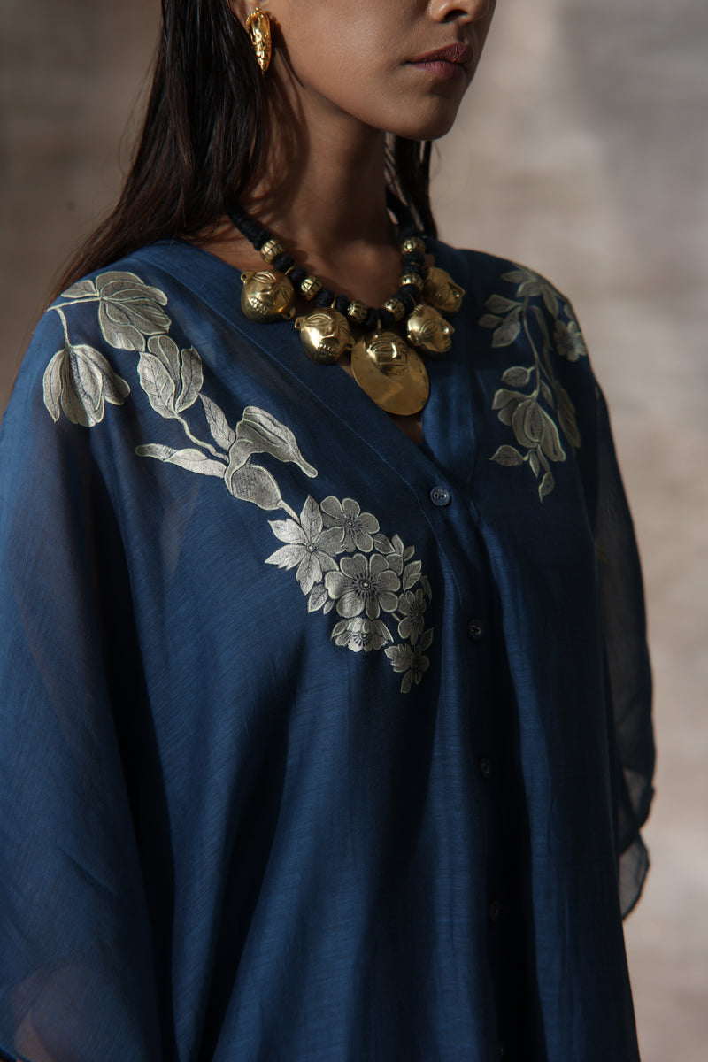 Blue Chanderi Placement Hand Painted Floral Pattern Kaftan And Plazzo Set