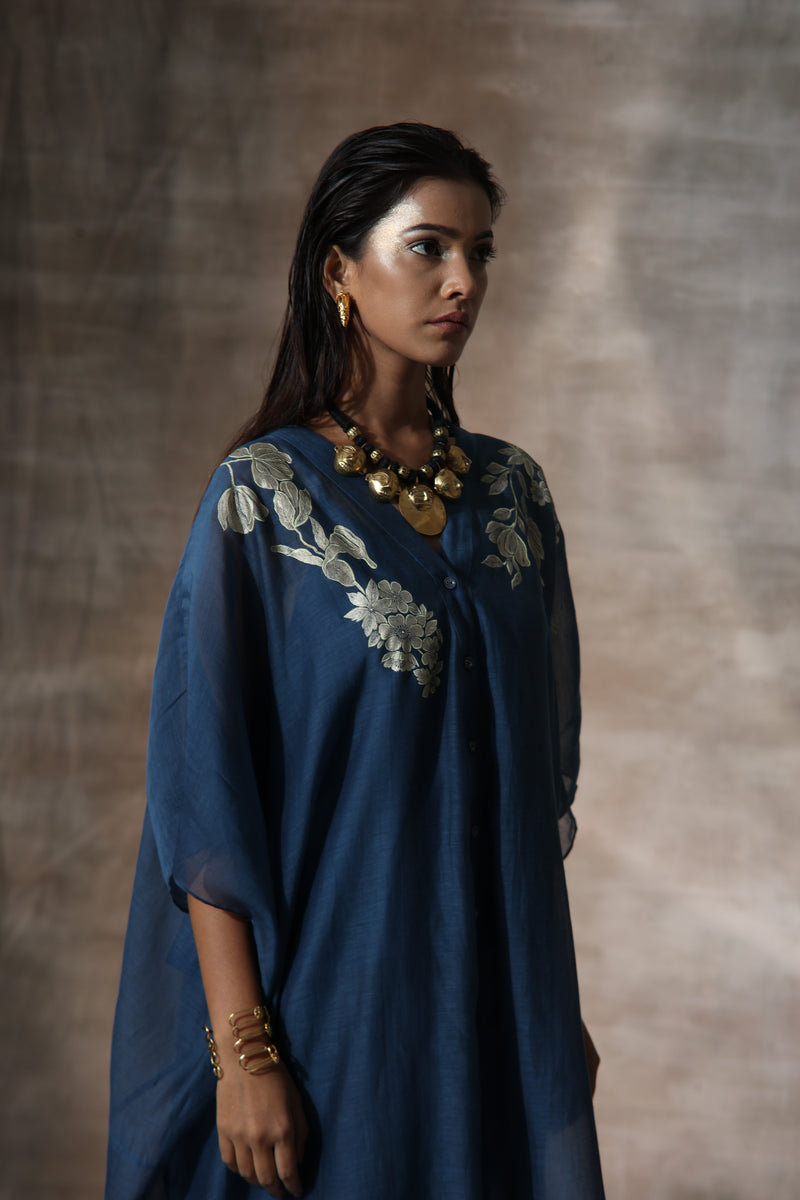 Blue Chanderi Hand Painted Floral V neck Kaftan With Plazzo