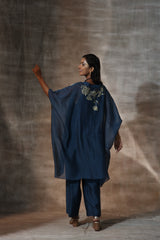 Blue Chanderi Hand Painted Floral V neck Kaftan With Plazzo