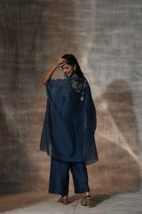 Blue Chanderi Placement Hand Paint Floral Pattern Kaftan Set