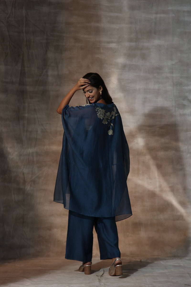 Blue Chanderi Placement Hand Painted Floral Pattern Kaftan And Plazzo Set