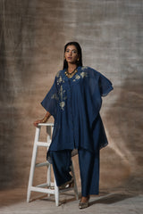 Blue Chanderi Hand Painted Floral V Neck Kaftan With PLazzo