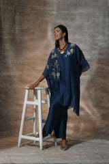 Blue Chanderi Hand Painted Floral V Neck Kaftan With PLazzo