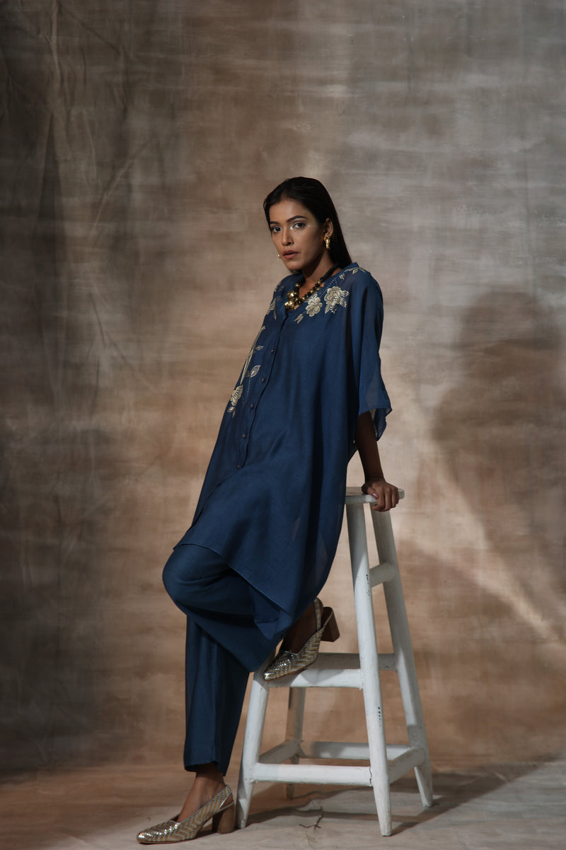 Blue Chanderi Hand Painted Floral V neck Kaftan With Plazzo