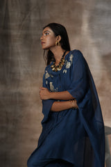 Blue Chanderi Hand Painted Floral V Neck Kaftan With PLazzo