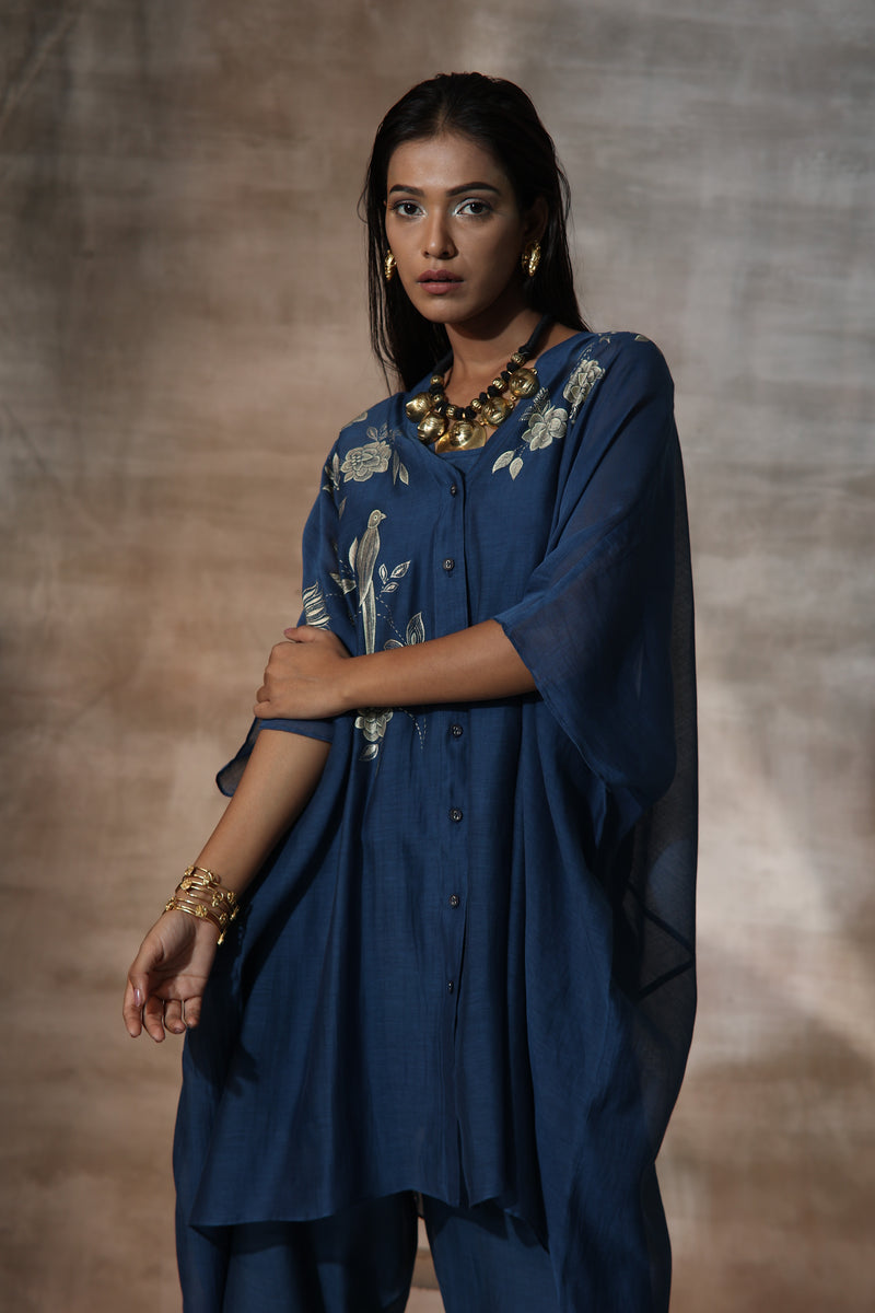 Blue Chanderi Hand Painted Floral V Neck Kaftan With PLazzo