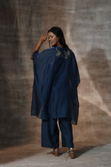 Blue Chanderi Hand Painted Floral V Neck Kaftan With PLazzo