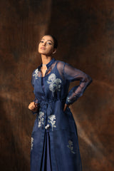 Blue Organza Hand Painted Jacket Skirt Set With Floral Collared Neck.