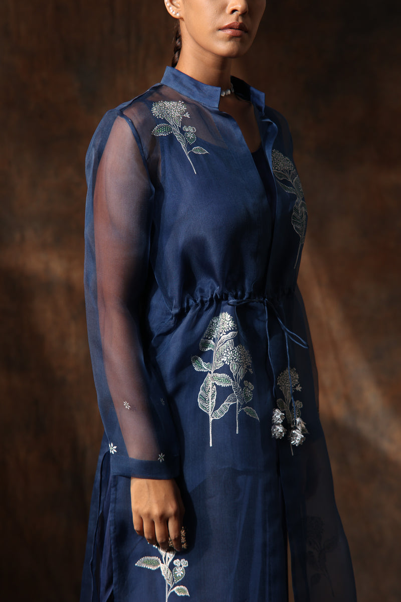 Blue Organza Hand Painted Jacket Skirt Set With Floral Collared Neck.