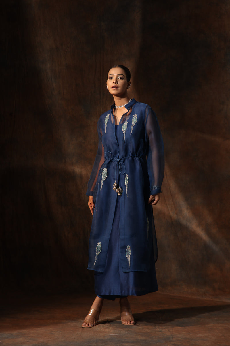 Blue Organza Jacket Pant Set With Embroidered Parrot Collared Neck