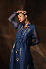 Blue Organza Jacket Pant Set With Embroidered Parrot Collared Neck