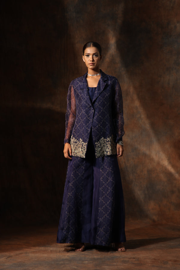 Blue Organza Print Bandhani Lapel Collar Coat Sharara Set