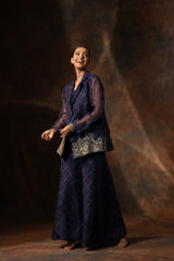 Blue Organza Print Bandhani Lapel Collar Coat Sharara Set