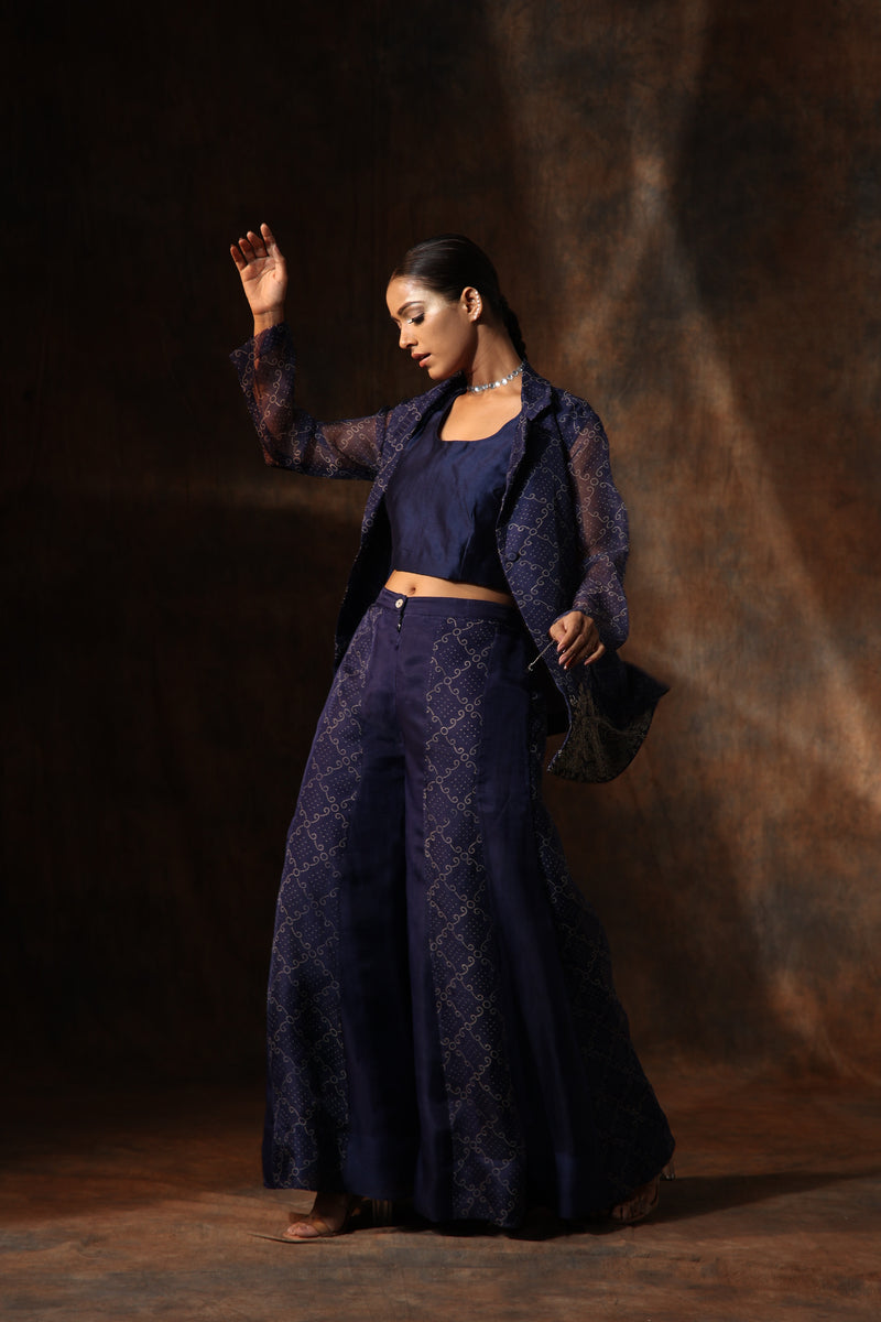 Blue Organza Print Bandhani Lapel Collar Coat Sharara Set