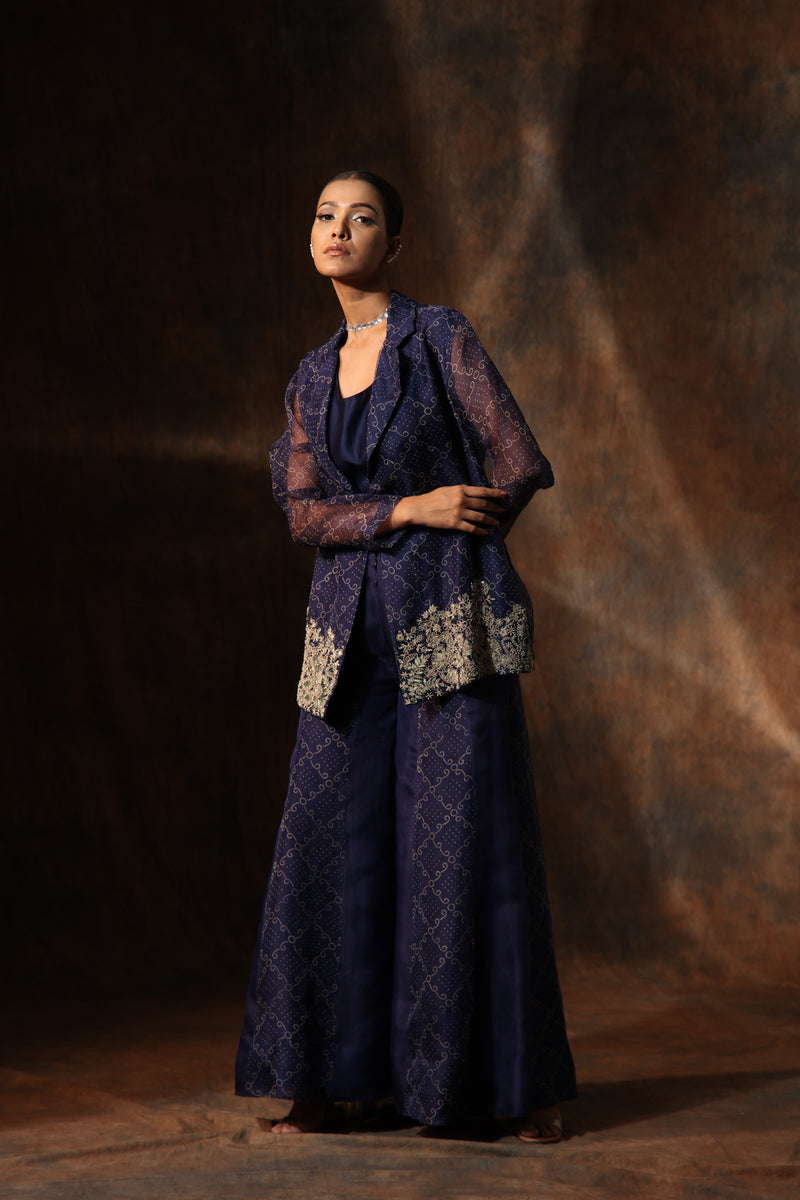 Blue Organza Print Bandhani Lapel Collar Coat Sharara Set