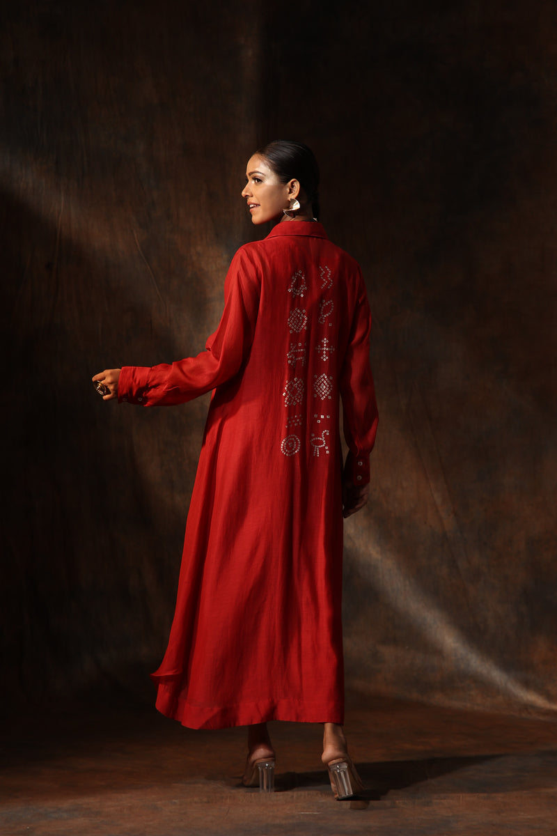 Red Chanderi Hand Painted Bandhani Collar Neck Dress