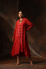 Red Chanderi Hand Painted Bandhani Collar Neck Dress