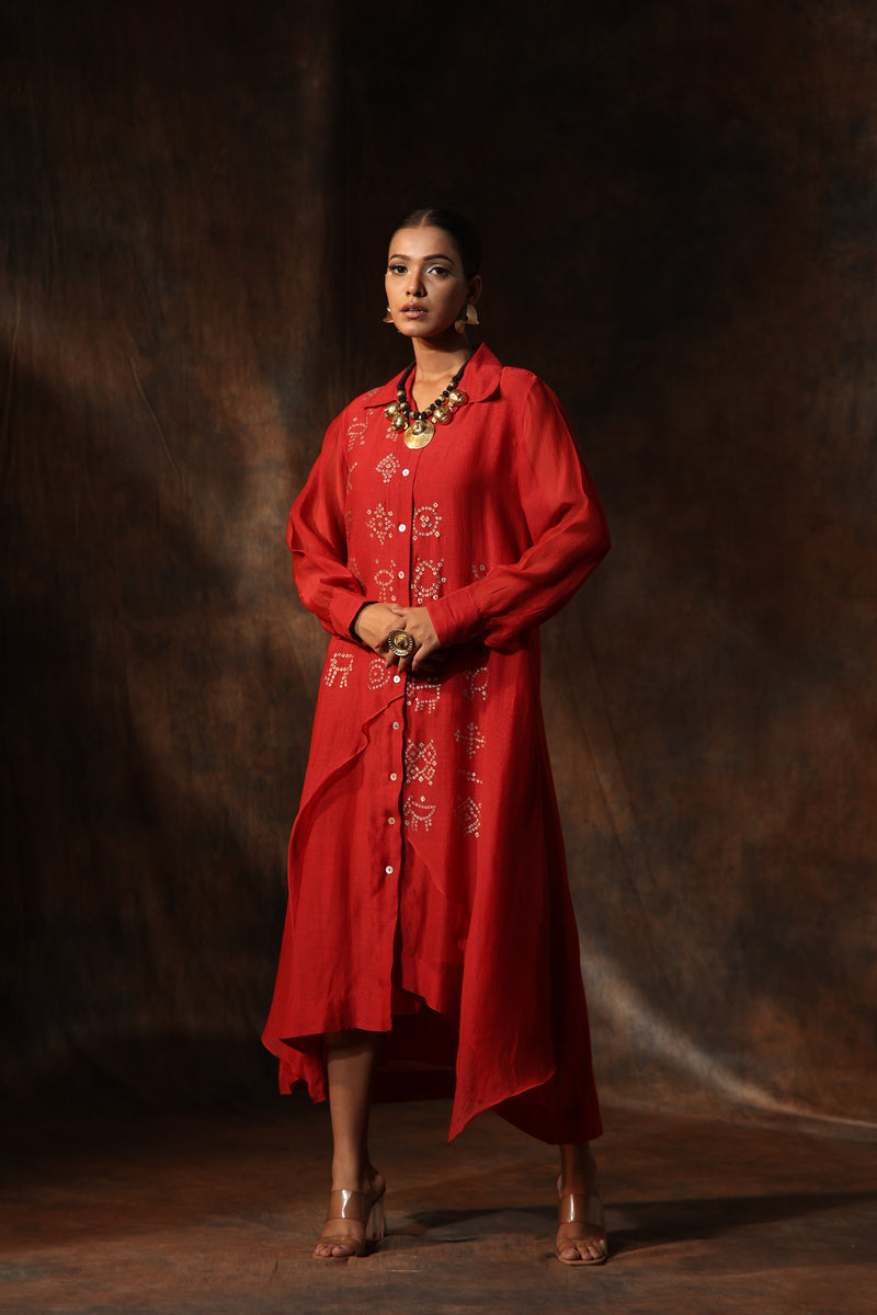 Red Chanderi Hand Painted Bandhani Collar Neck Dress